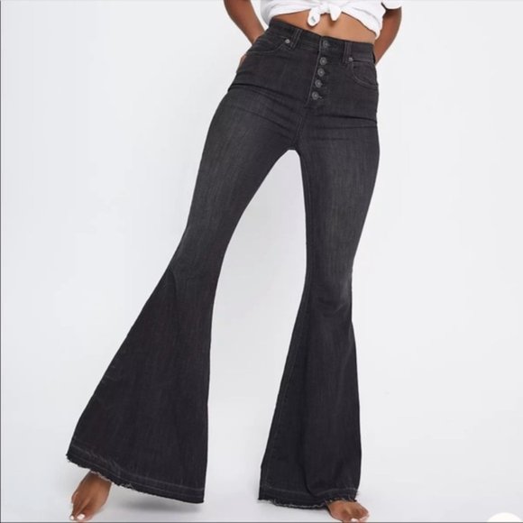Free People NWT Irreplaceable Jeans Flare Black Charcoal Button Fly - Picture 1 of 7